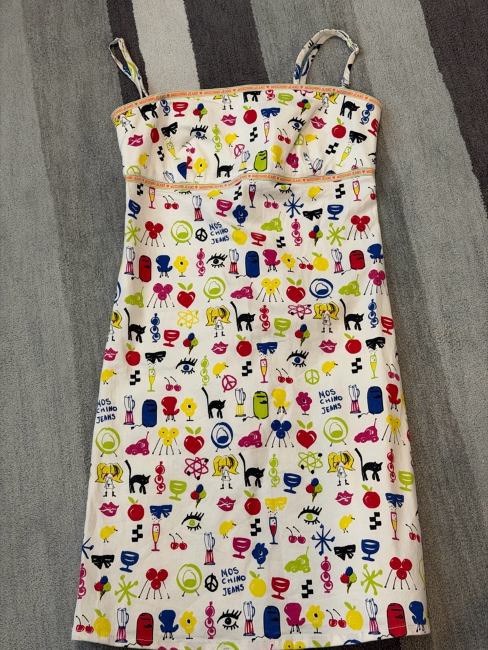 Moschino Jeans White Mini Dress with Multicolor Novelty Print